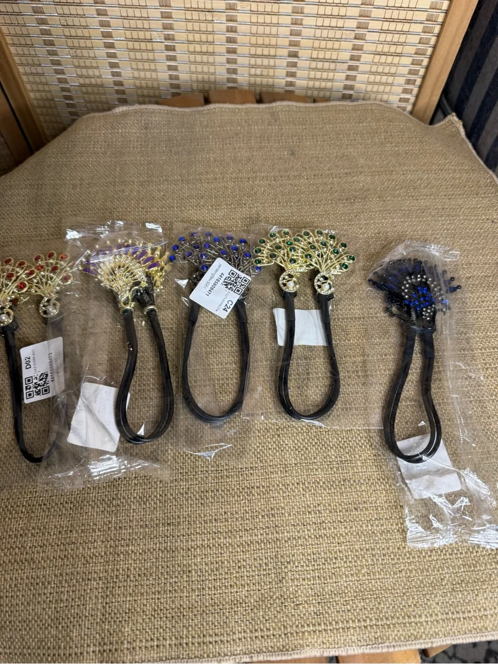 New***Jeweled Peacock Hair Tie - Gold with Multicolor Stones-set of 5